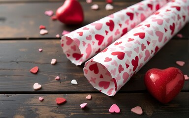 Colorful wrapping paper with heart patterns on dark wooden surface. High quality