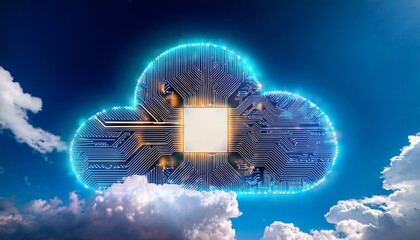 glowing circuit board shaped like a cloud surrounded by soft fluffy clouds symbolizing digital cloud computing and futuristic technology