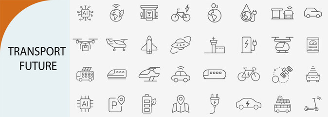 future transport and mobility icons, minimal line vector symbol set