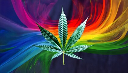 vibrant cannabis leaf with rainbow colors flowing behind it symbolizing diversity and creativity