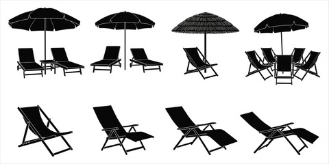 Assortment of black silhouette beach chairs, lounge chairs, and umbrellas Keywords: beach, chair, lounge, umbrella, sun