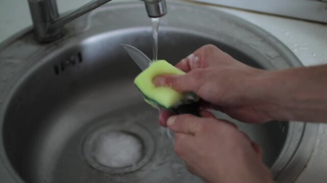 Close-up of a man's hands washing a sharp kitchen knife with a sponge and soap under running water from the faucet in a metal sink