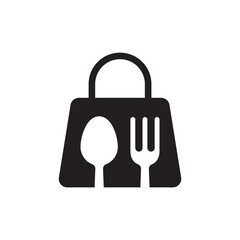 Solid black grocery food bag with cutlery icon