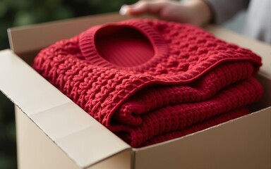 Cozy Knitted Fashion Vibrant Red Woolen Sweaters in Cardboard Box - Empathetic Winter Clothing Donation and Inclusive Community Support Initiative. High quality