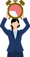 大きな時計を両手で持って掲げているビジネスウーマンのイラスト