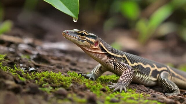 A striped lizard with intricate patterns on its skin, standing on mossy ground as a water droplet falls from a green leaf above.