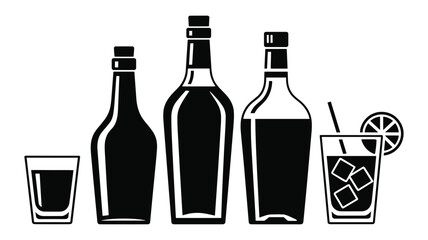 Black silhouette icons of liquor bottles and a cocktail glass on a white background Keywords: bottle, liquor, alcohol, drink, beverage, glass, cocktail, ice, lime, straw, silhouette, icon, black