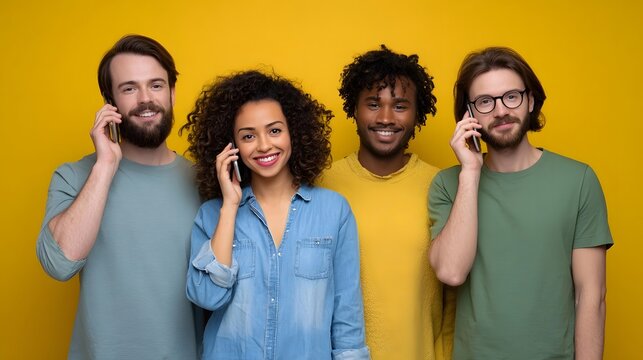 A diverse group of smiling young adults engaging in conversations on smartphones against a vibrant yellow background