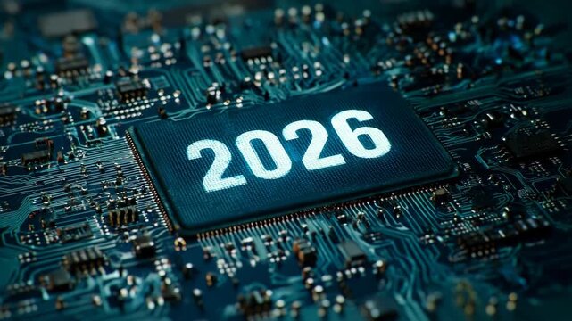 Futuristic circuit board with 2026 numeric display on microchip