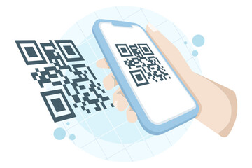 QR code scanning concept with hand holding smartphone. Vector illustration for digital payment, QR code scanner, mobile transaction, and contactless technology.