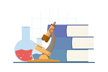 Laboratory research concept showing chemical equipment and books. Illustration for science experiment, chemistry analysis, academic research, and laboratory study.