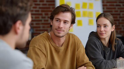 Three professionals engaged in a collaborative meeting around a table with a whiteboard and notes in the background