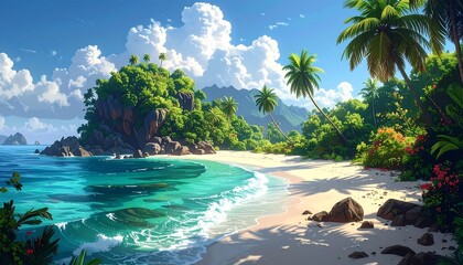 Serene tropical beach scene with vibrant turquoise water, lush greenery, and a rock island under a partly cloudy sky