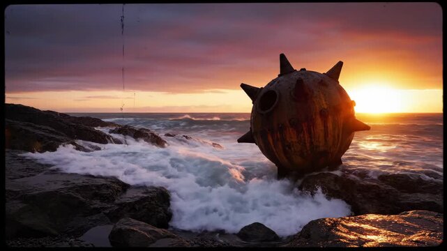 Old Naval Mine Washed up on Rocky Beach at Sunset with Waves Crashing 4K