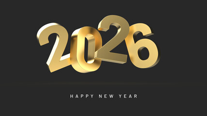 Happy New 2026 Year. Holiday 3D illustration of golden metallic numbers 2026 isolated on black background. 