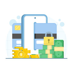 Online financial security concept with smartphone, debit card, lock, and gold coin on isolated background. Digital marketing illustration for safe transactions, fintech, and mobile banking.
