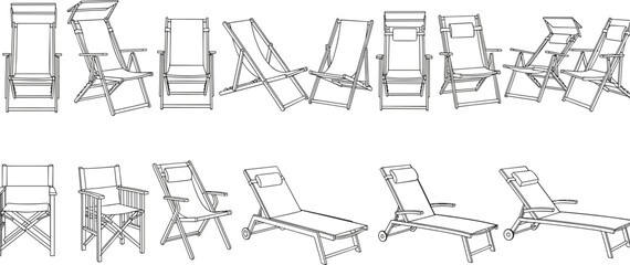 Collection of various deck chairs and lounge chairs in outline beach outdoor