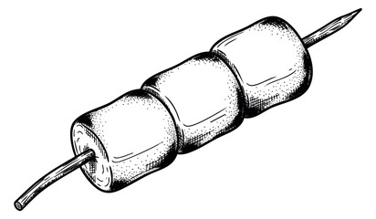 Marshmallow skewer icon set with three marshmallows hand drawn outline illustration