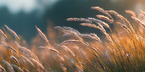 Golden grass tops swaying gently in warm evening light. Soft natural blur and bokeh create a peaceful rural landscape during golden hour.