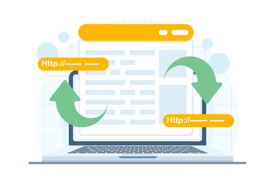 SEO redirect and website migration concept. Vector illustration for URL redirection, site move, search ranking preservation, and technical SEO strategy.