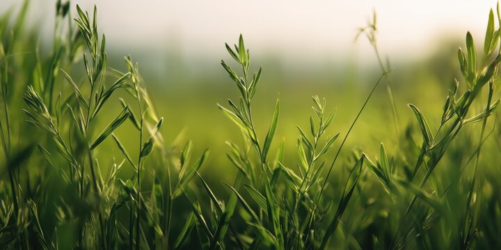 Green meadow foliage softly illuminated by early morning sunlight. Gentle blur and natural bokeh create a peaceful spring landscape at sunrise.