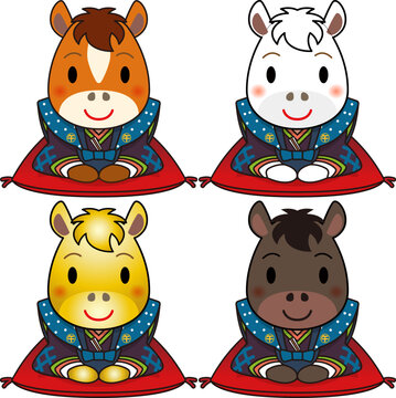 裃を着て新年の挨拶をする、かわいい十二支の馬のアイコンイラストセット。Horse icon illustration
午（赤毛・白毛・金色・黒毛）