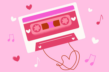 pink cassette with tape valentine illustration