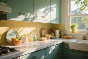 Bright kitchen with teal cabinets, yellow backsplash, and natural light from a window