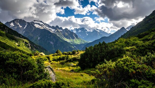 Scenic valley view. Green foliage frames snow-capped mountain peaks under a partly cloudy, vibrant blue sky - Powered by Adobe