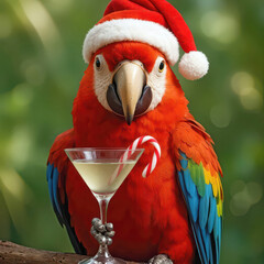A colorful parrot wearing a red Santa hat holds a martini glass with candy canes against a lush green background, enhancing the festive feel