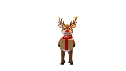 Cartoon reindeer with red nose holding a gift box with red ribbon character Christmas