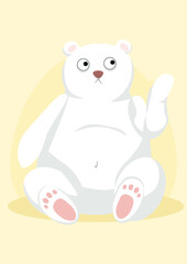 Cute polar bear sitting and waving. Friendly cartoon animal illustration with a soft pastel background.