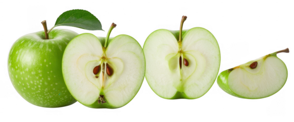 Green apples sliced and whole with leaf fruit slices isolated on a transparent background