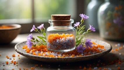 Colorful bath salts in glass jar with flowers on plate
