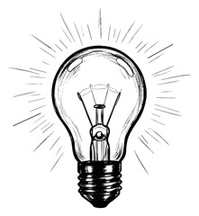 Vintage light bulb icon with glow hand drawn outline illustration