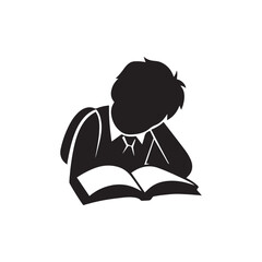 Silhouette of Student Sitting and Reading with Hand on Head in Deep Focus on White Background