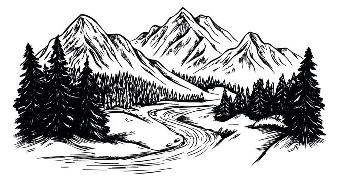 Vintage mountain landscape set with river and pine trees black and white line art