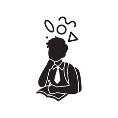 Silhouette of Student Sitting at Desk Writing with Abstract Thought Symbols on White Background