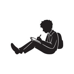 Silhouette of Student Sitting and Writing in Notebook with Backpack on White Background