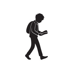  Silhouette of Student Walking with Backpack While Reading a Book on White Background