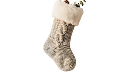 Cream cable knit Christmas stocking with white faux fur trim knitted stocking