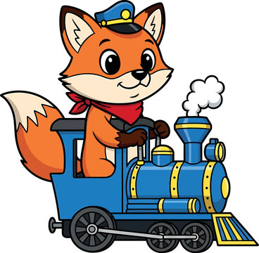 Cute cartoon fox conductor driving a blue train