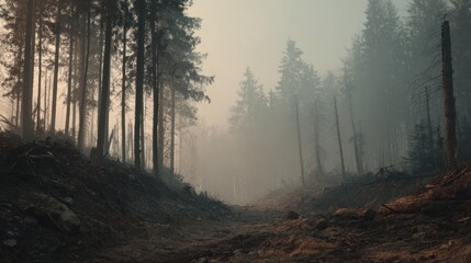 Obraz premium Misty forest path with tall trees, light piercing fog on ground clearing