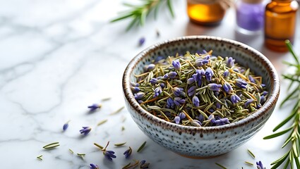 Dried lavender buds in ceramic bowl on marble surface
