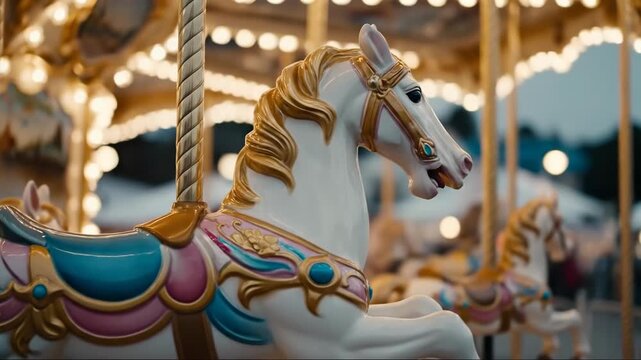 Carousel horse in motion on a traditional merry go round at a fairground during the evening