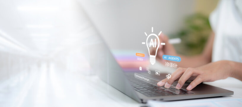 Close up hands typing on laptop with AI agents interface showing artificial intelligence automation smart workflow digital assistant concept for modern business productivity and innovation