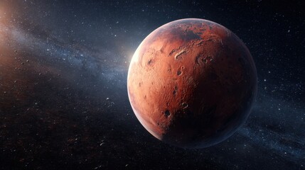 Obraz premium Stunning View of Mars in Deep Space with Prominent Red Surface Features, Distant Galaxy and Celestial Bodies, Evoking Wonder and Exploration