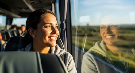 Happy woman smiling while traveling by bus and looking out the window in warm sunlight.