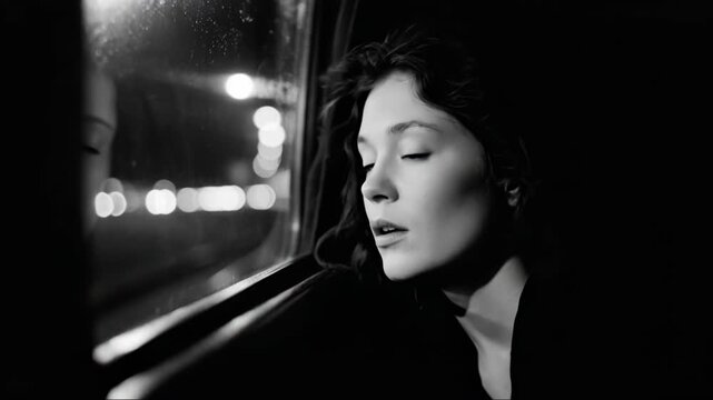 Caucasian woman looking out of a window in the dark, her reflection and city lights blurred in a dramatic black and white shot