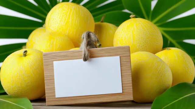 Fresh lemons and tropical leaves arrangement with blank wooden sign for custom text